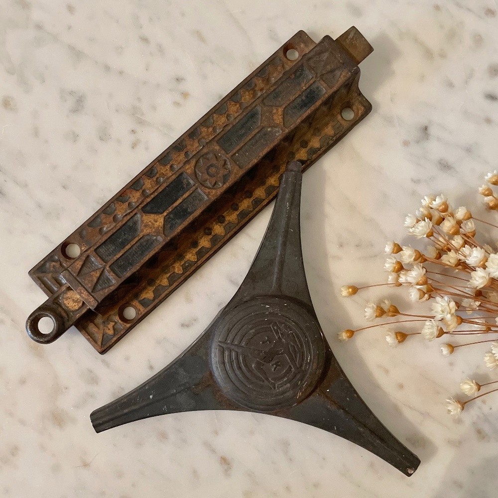 Antique French ornate Art Deco 1910 - 20’s iron copper bolt lock &  metal oddity